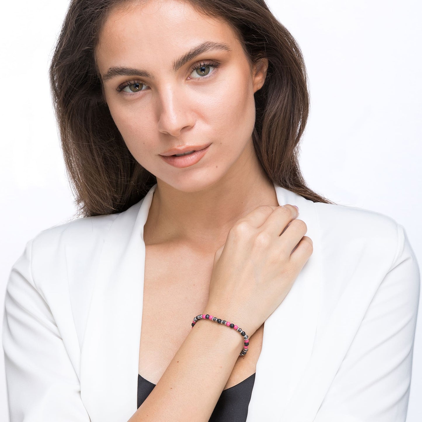 STEEL BRACELET WITH PINK AND BLACK STONES