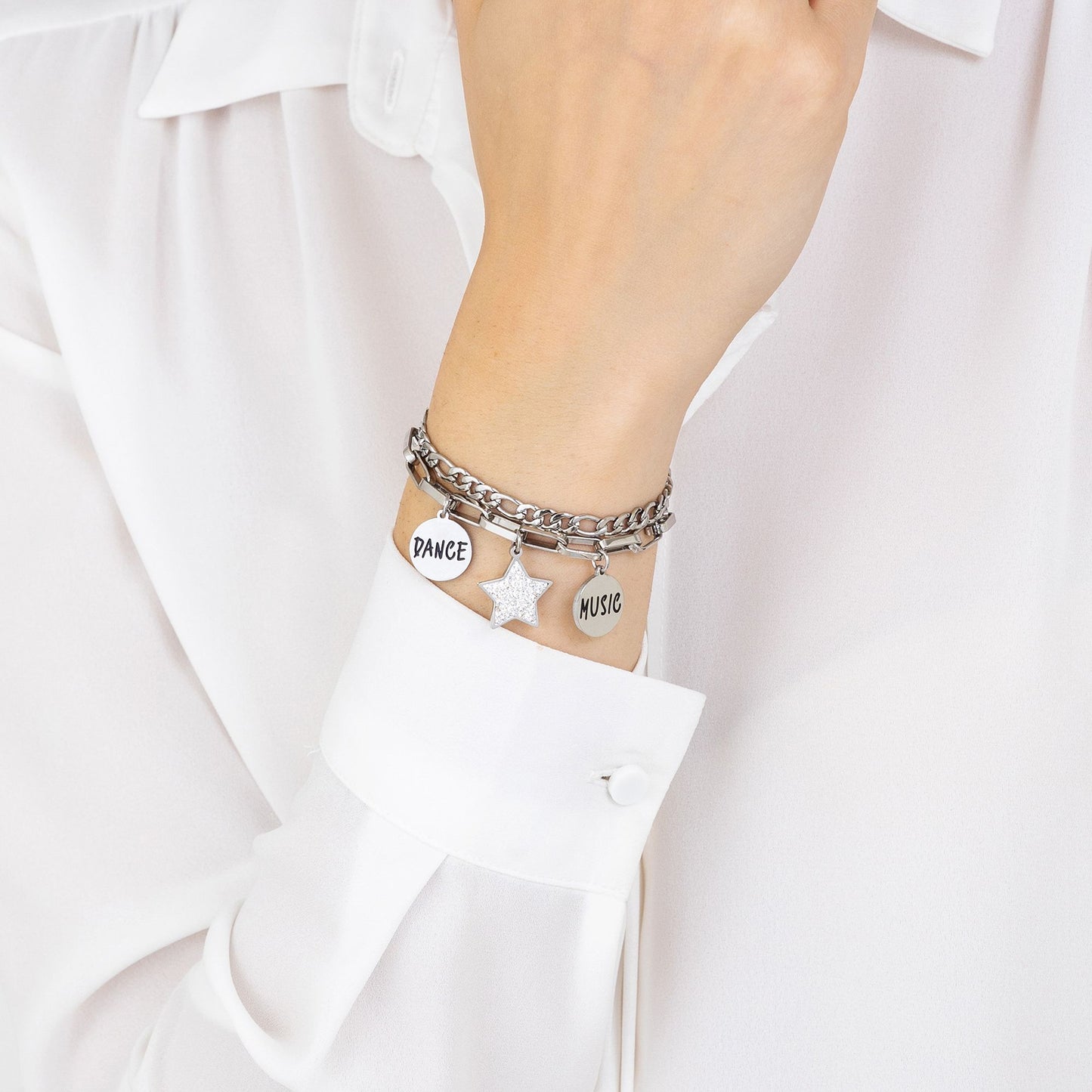 WOMEN'S STEEL STAR BRACELET WITH WHITE CRYSTALS AND ENAMEL PLATES