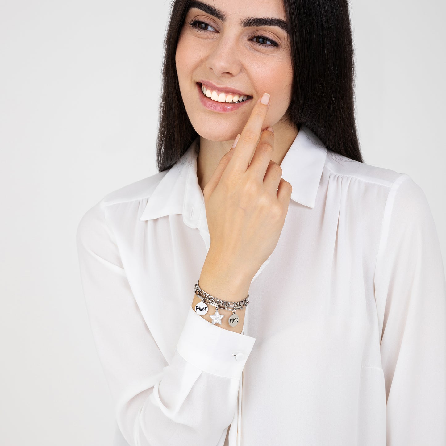 WOMEN'S STEEL STAR BRACELET WITH WHITE CRYSTALS AND ENAMEL PLATES