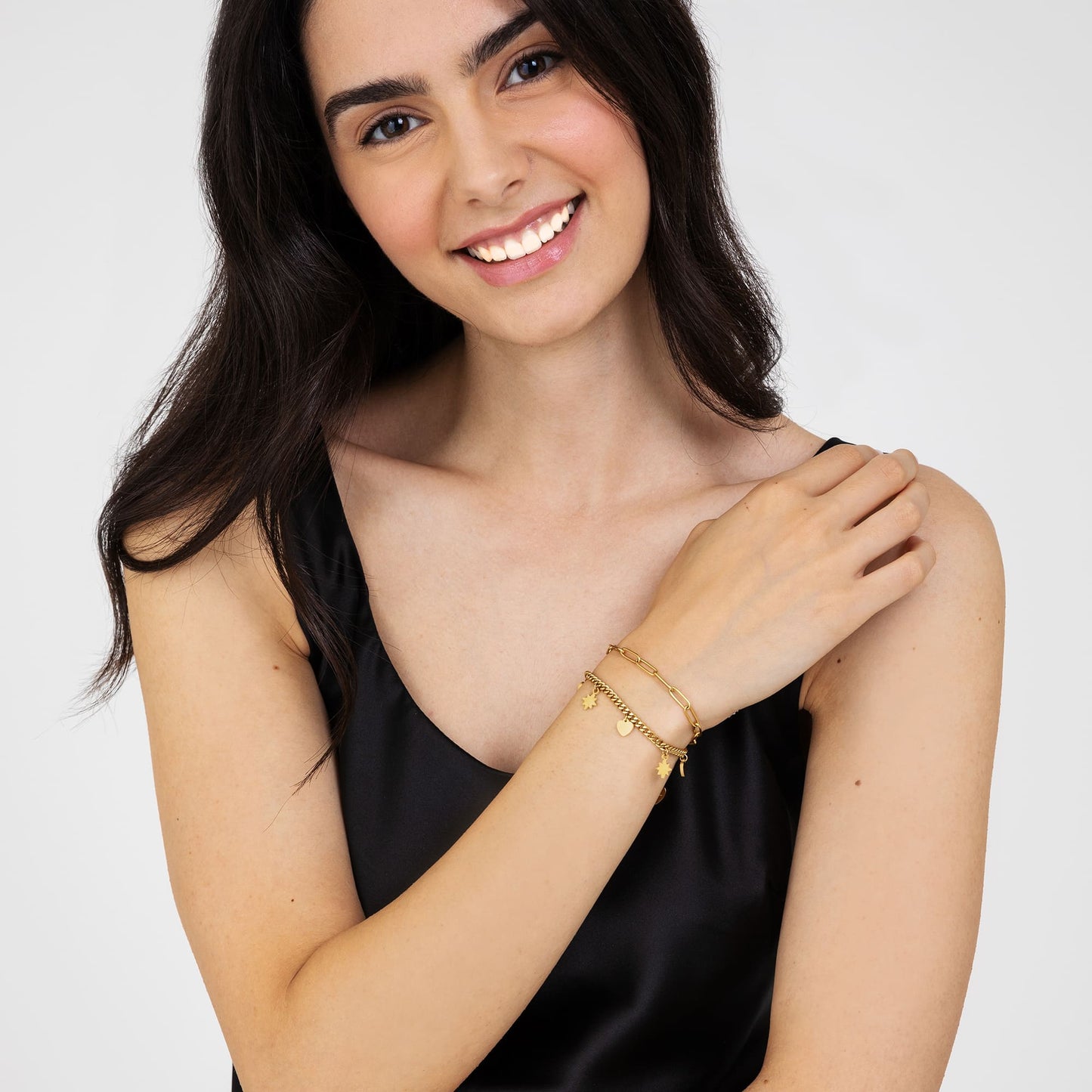 GOLD STEEL WOMEN'S BRACELET WITH HEARTS AND STARS