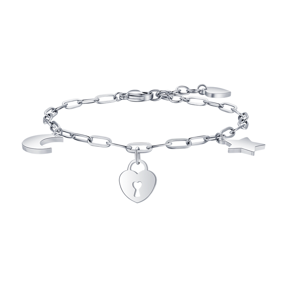 STEEL WOMEN'S BRACELET WITH MOON HEART PADLOCK AND STAR
