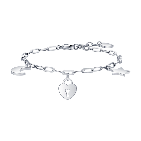 STEEL WOMEN'S BRACELET WITH MOON HEART PADLOCK AND STAR