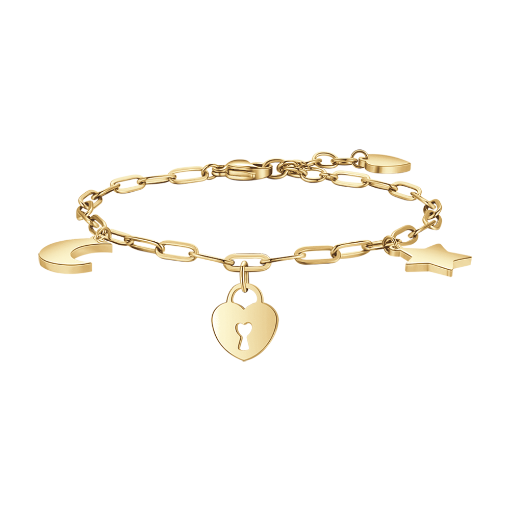 WOMAN'S GOLDEN STEEL BRACELET WITH MOON, HEART LUCKLE AND STAR Luca Barra