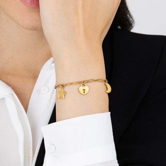 WOMAN'S GOLDEN STEEL BRACELET WITH MOON, HEART LUCKLE AND STAR Luca Barra