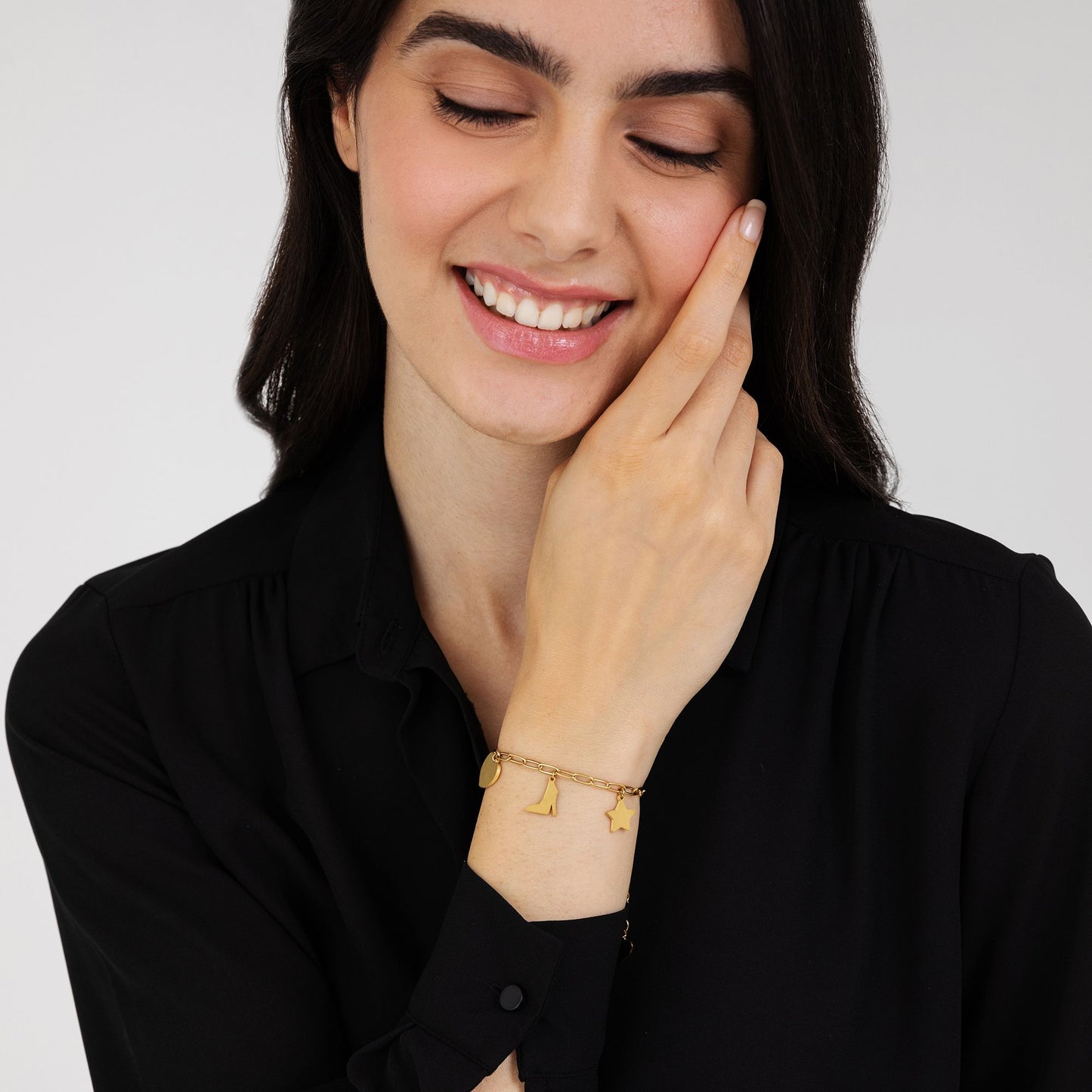 GOLD STEEL WOMEN'S BRACELET WITH HEART, SHOE AND STAR