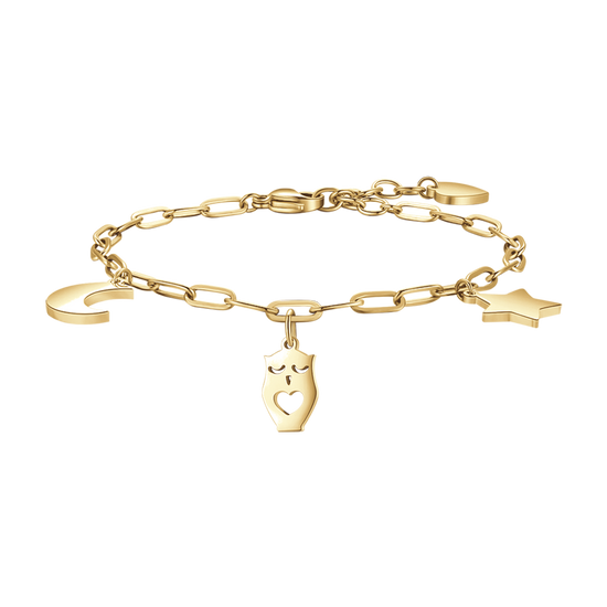 GOLD STEEL WOMEN'S BRACELET WITH MOON, OWL AND STAR