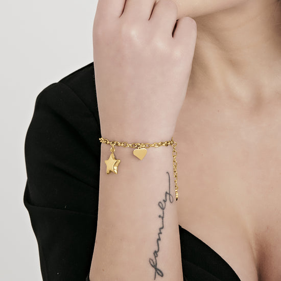 WOMEN'S IP GOLD STEEL BRACELET WITH STAR AND HEART