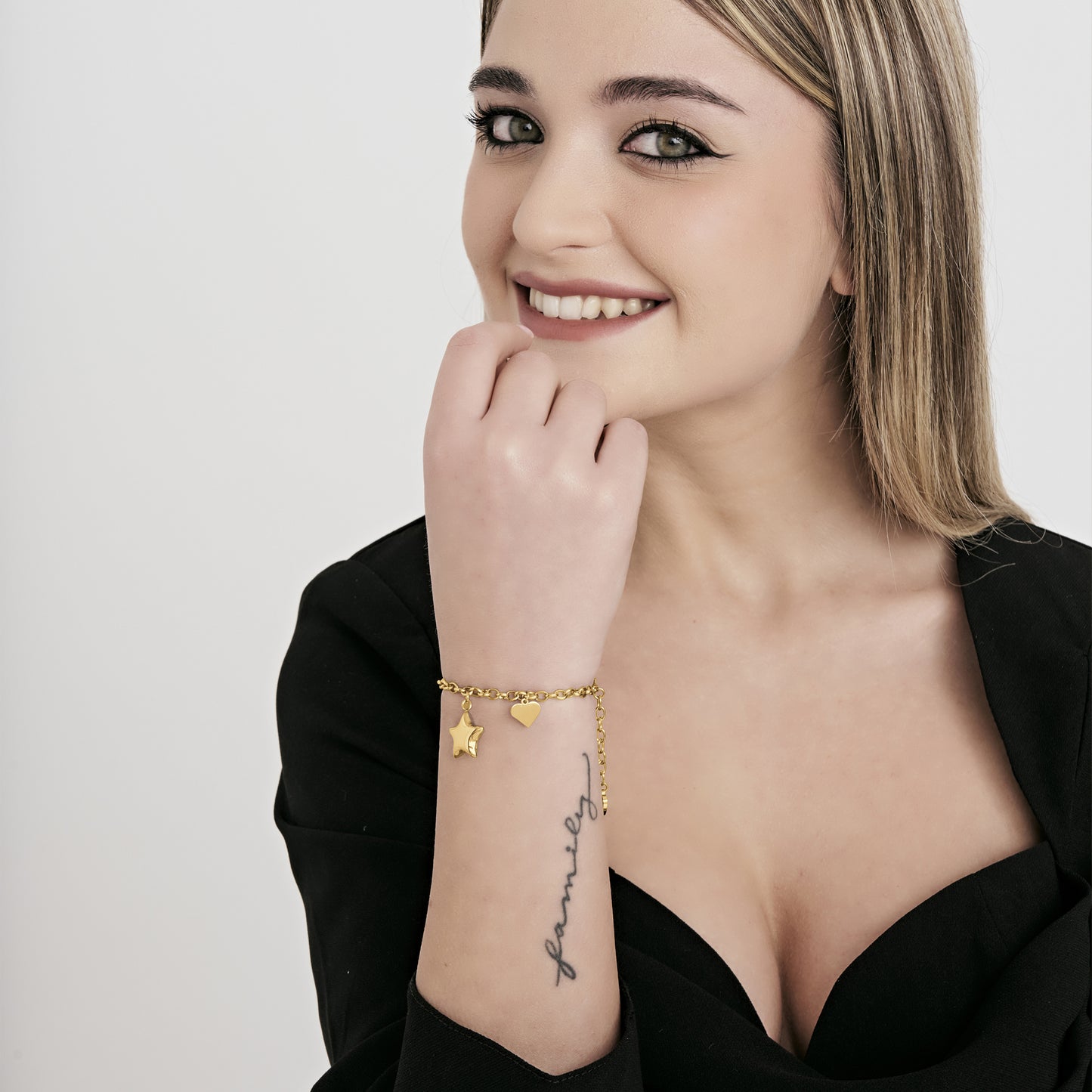 WOMEN'S IP GOLD STEEL BRACELET WITH STAR AND HEART