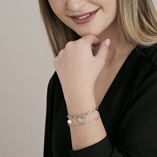 WOMEN'S STEEL BRACELET WITH HEART AND PEARLS