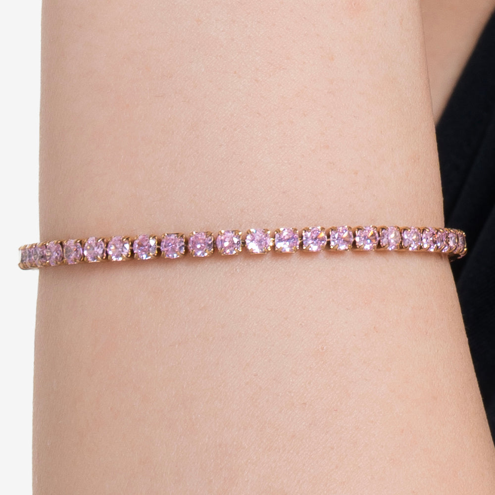 WOMEN'S IP GOLD STEEL TENNIS BRACELET WITH PINK CRYSTALS