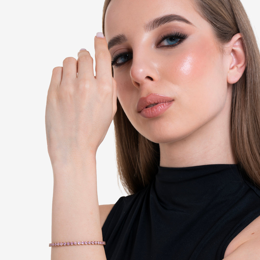 WOMEN'S IP GOLD STEEL TENNIS BRACELET WITH PINK CRYSTALS