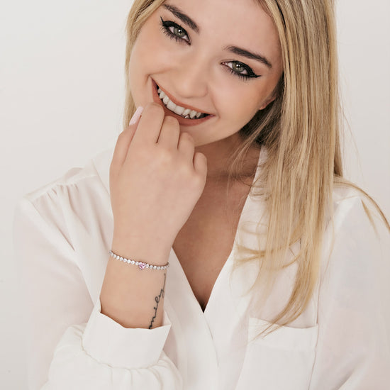 WOMEN'S STEEL BRACELET WITH WHITE CRYSTALS AND PINK CRYSTAL HEART