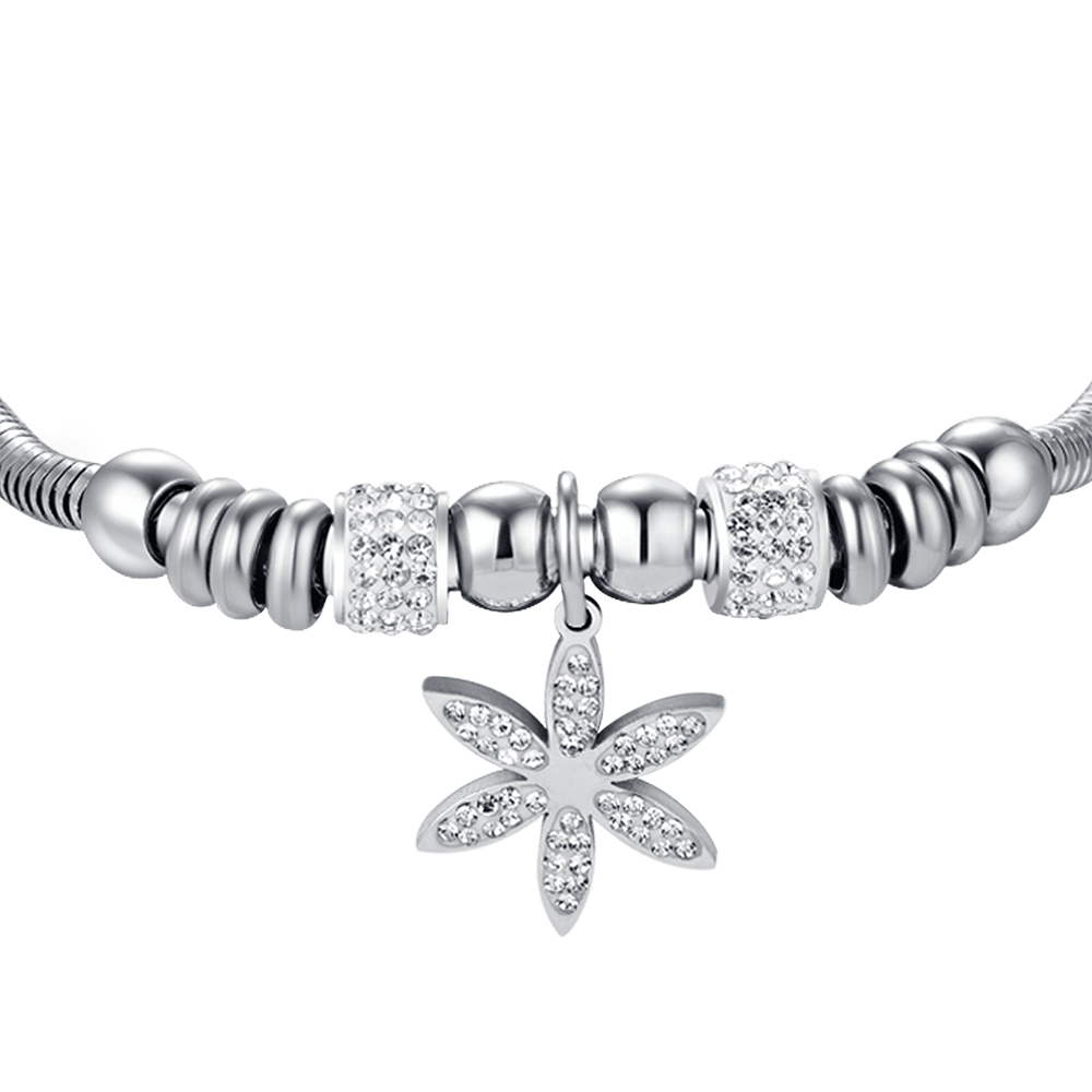 WOMEN'S STEEL FLOWER OF LIFE BRACELET WITH WHITE CRYSTALS