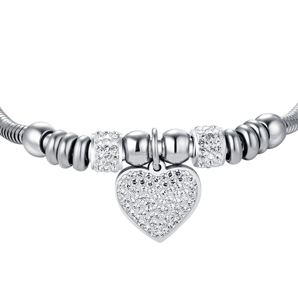 WOMEN'S STEEL HEART BRACELET WITH WHITE CRYSTALS