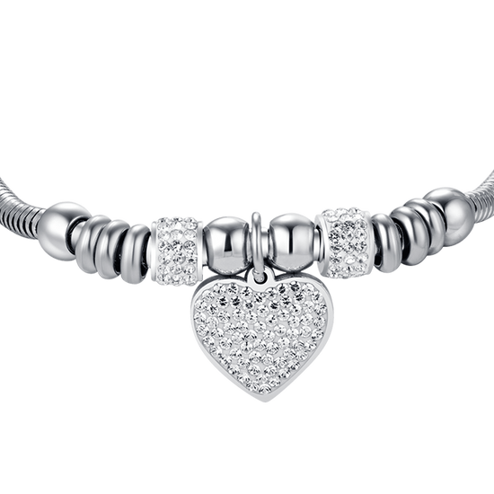 WOMEN'S STEEL HEART BRACELET WITH WHITE CRYSTALS