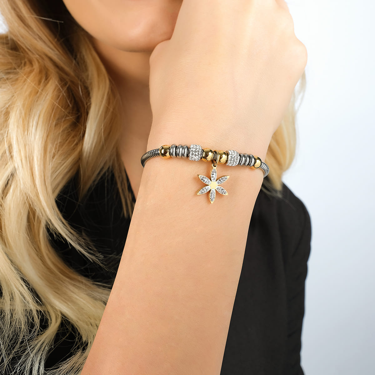 WOMEN'S STEEL FLOWER OF LIFE BRACELET WITH WHITE CRYSTALS