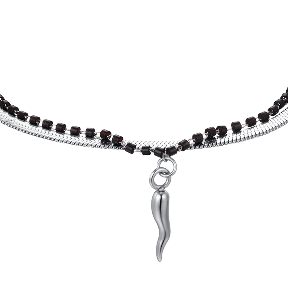 WOMEN'S STEEL BRACELET WITH HORN AND BLACK ELEMENTS