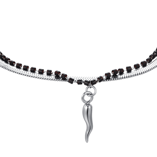 WOMEN'S STEEL BRACELET WITH HORN AND BLACK ELEMENTS