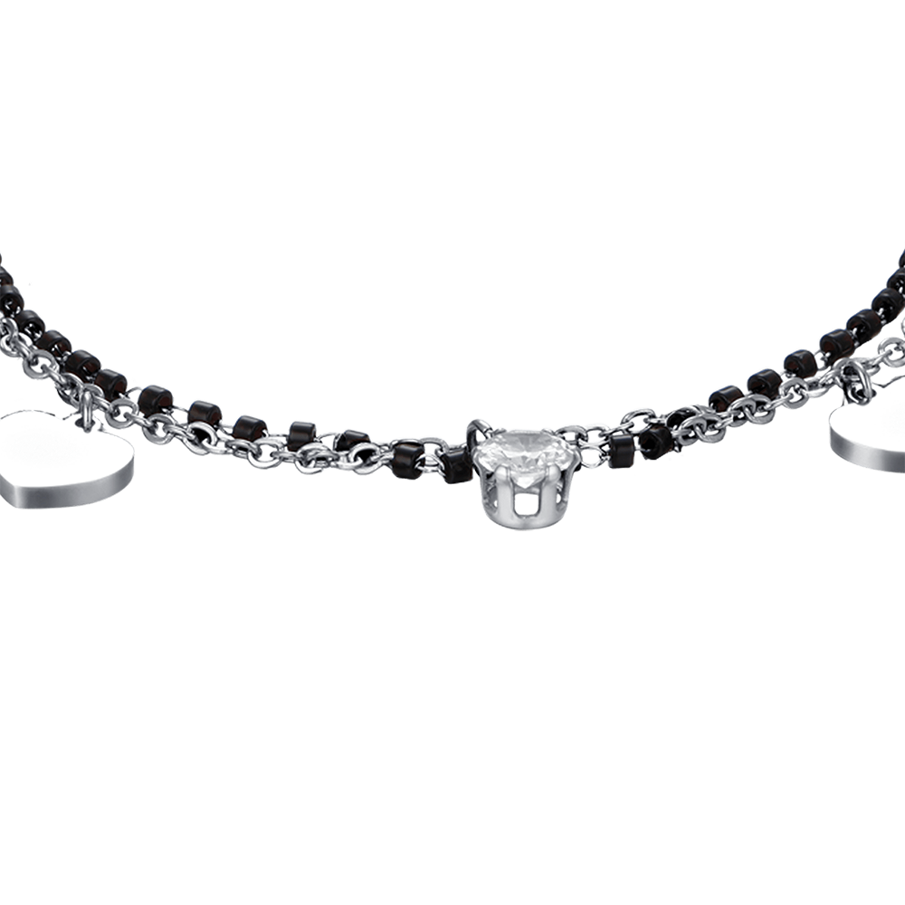 WOMEN'S STEEL BRACELET WITH HEARTS, BLACK ELEMENTS AND WHITE CRYSTAL