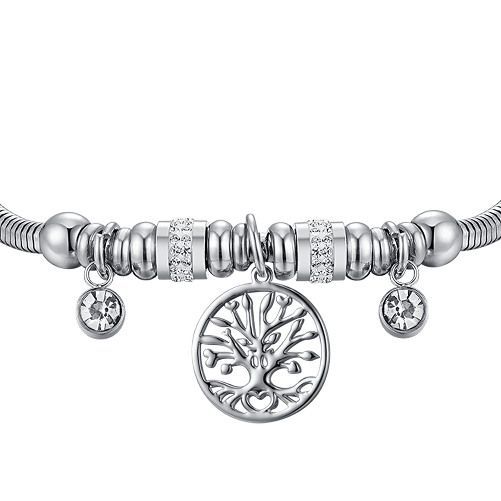 WOMEN'S STEEL BRACELET WITH TREE OF LIFE AND WHITE CRYSTALS