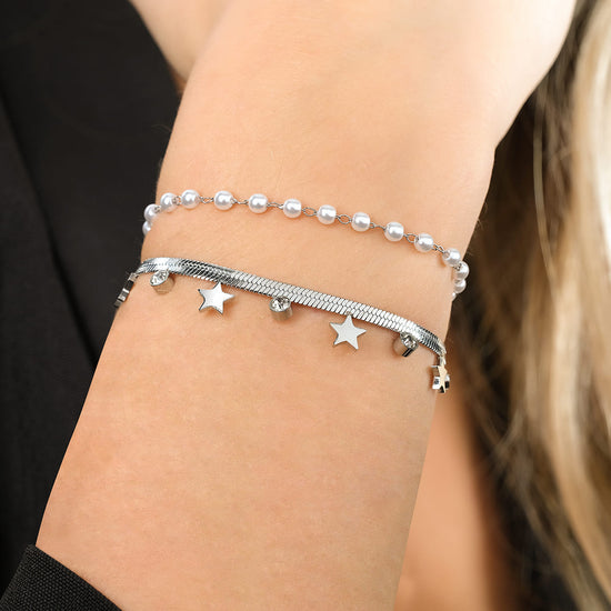 WOMAN'S BRACELET IN STEEL WITH WHITE PEARLS, STARS AND CRYSTALS Luca Barra