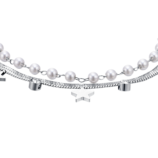 WOMEN'S STEEL BRACELET WITH WHITE PEARLS, STARS AND CRYSTALS