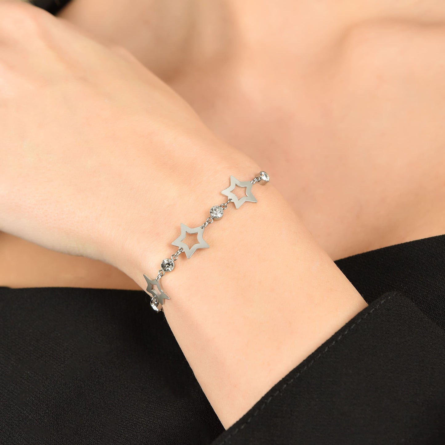 WOMAN'S BRACELET IN STAINLESS STEEL WITH TRANSFORATED STARS AND WHITE CRYSTALS Luca Barra