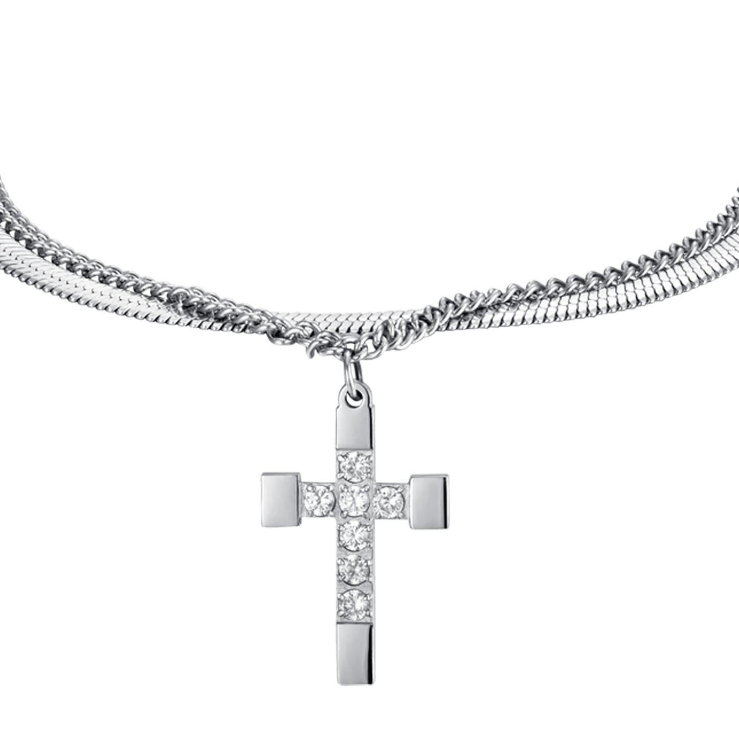 WOMEN'S STEEL CROSS BRACELET WITH WHITE CRYSTALS