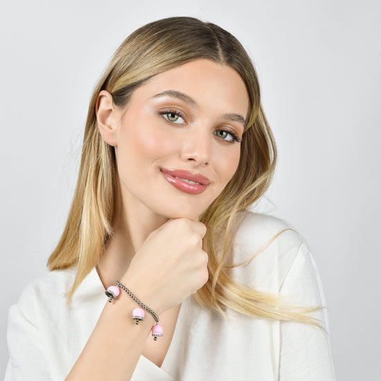 WOMEN'S STEEL BRACELET WITH BELLS WITH PINK ENAMEL AND WHITE CRYSTALS