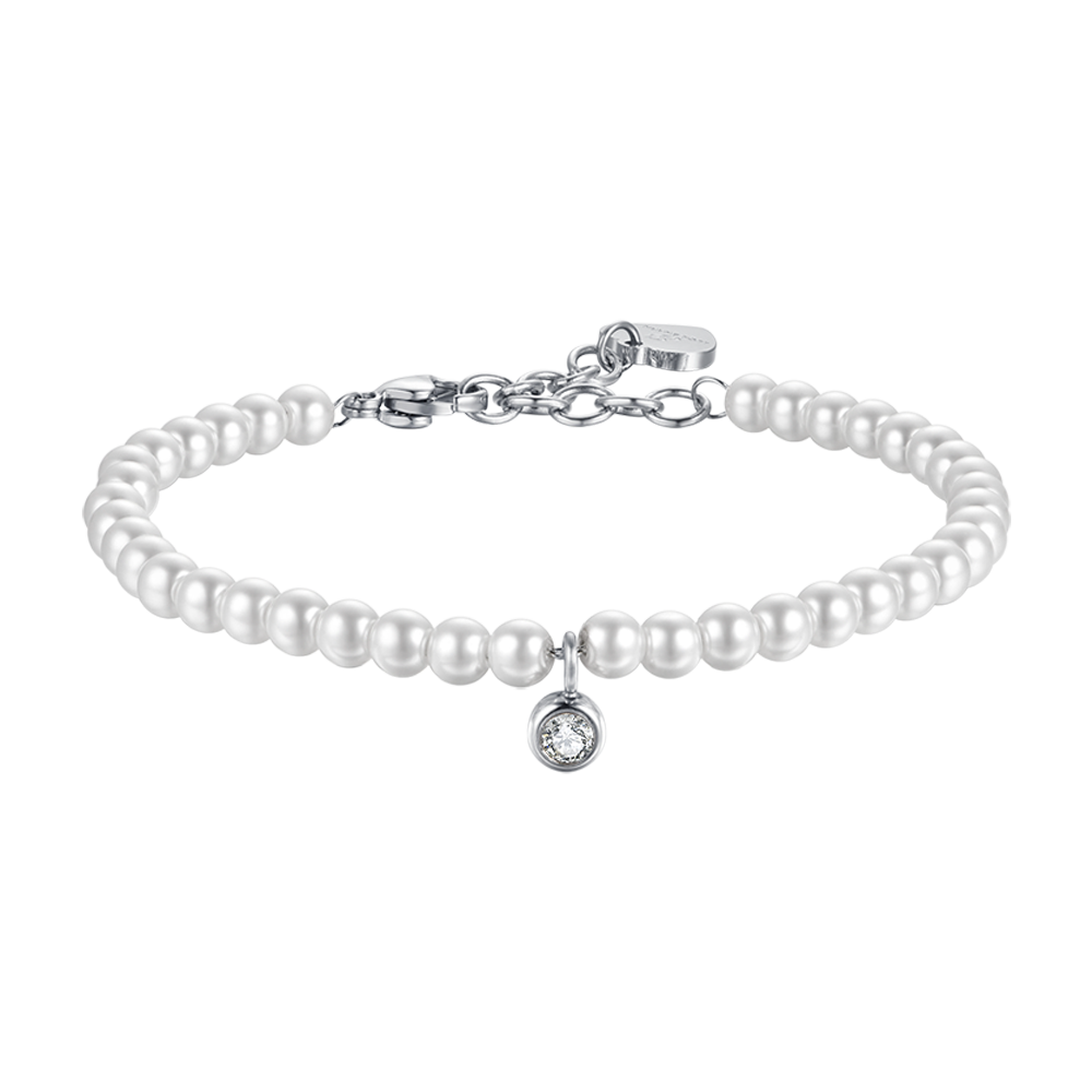 BRACCIALE DONNA IN ACCIAIO CON PERLE SINTETICHE CON CRISTALLO BIANCO