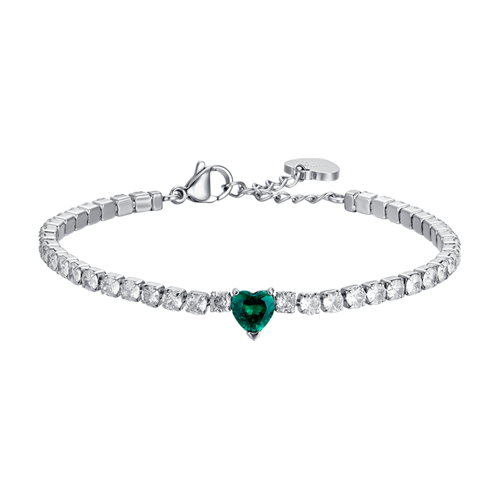 WOMEN'S STEEL TENNIS BRACELET WITH WHITE CRYSTALS AND GREEN CRYSTAL HEART