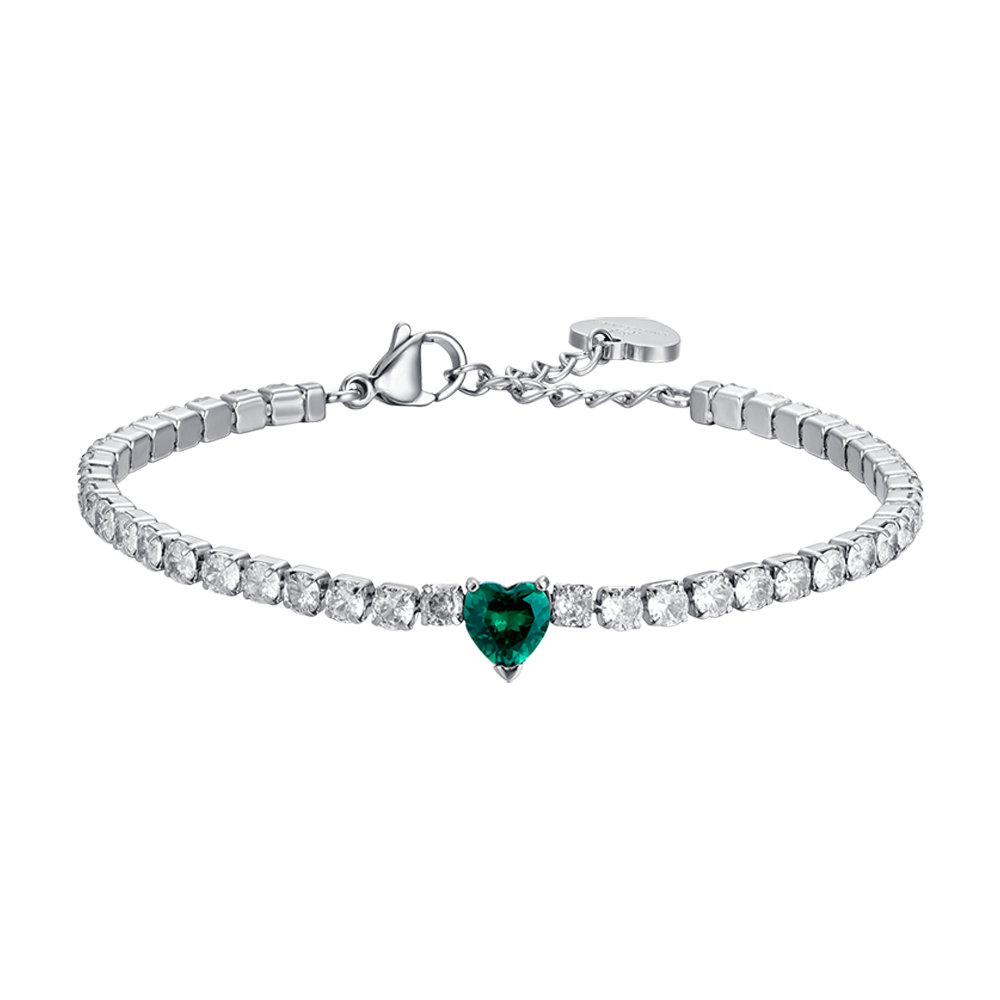 WOMAN'S TENNIS BRACELET IN STEEL WITH WHITE CRYSTALS AND GREEN CRYSTAL HEART Luca Barra