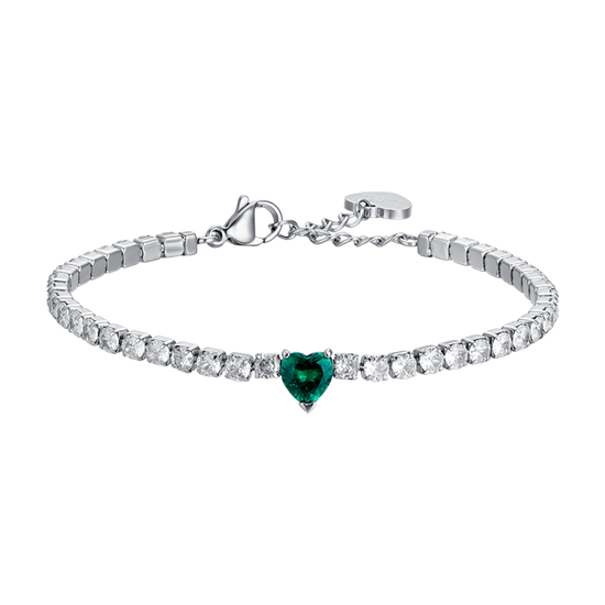 WOMAN'S TENNIS BRACELET IN STEEL WITH WHITE CRYSTALS AND GREEN CRYSTAL HEART Luca Barra