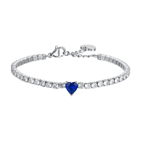 WOMEN'S STEEL TENNIS BRACELET WITH WHITE CRYSTALS AND BLUE CRYSTAL HEART