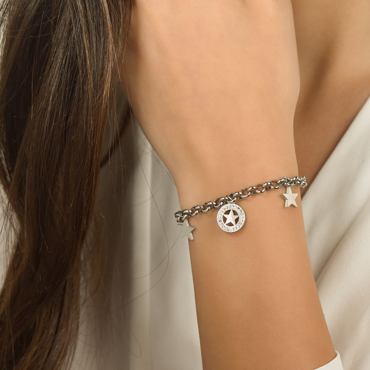 WOMAN'S BRACELET IN STEEL WITH STARS AND WHITE CRYSTALS Luca Barra