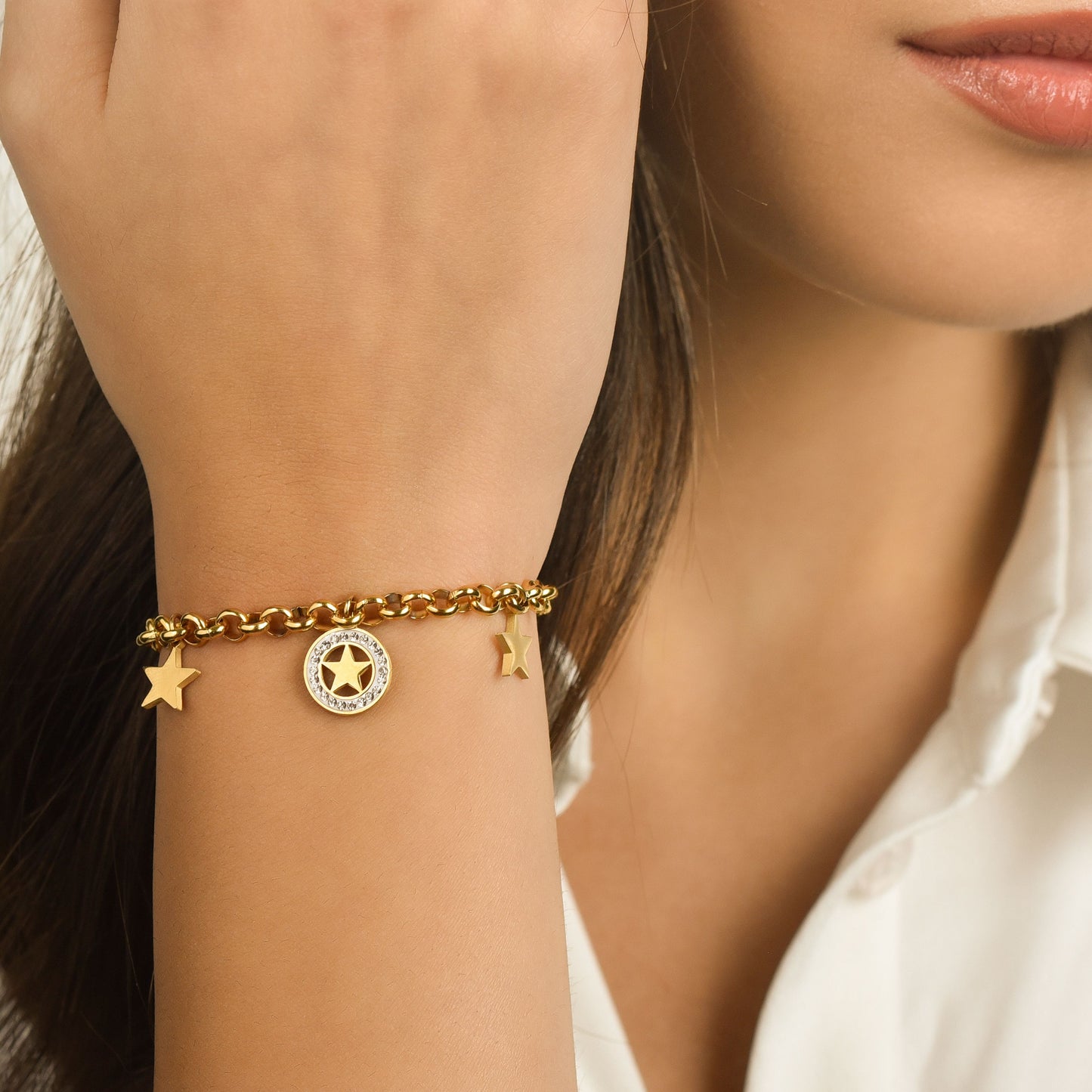WOMEN'S STEEL BRACELET WITH STARS AND WHITE CRYSTALS