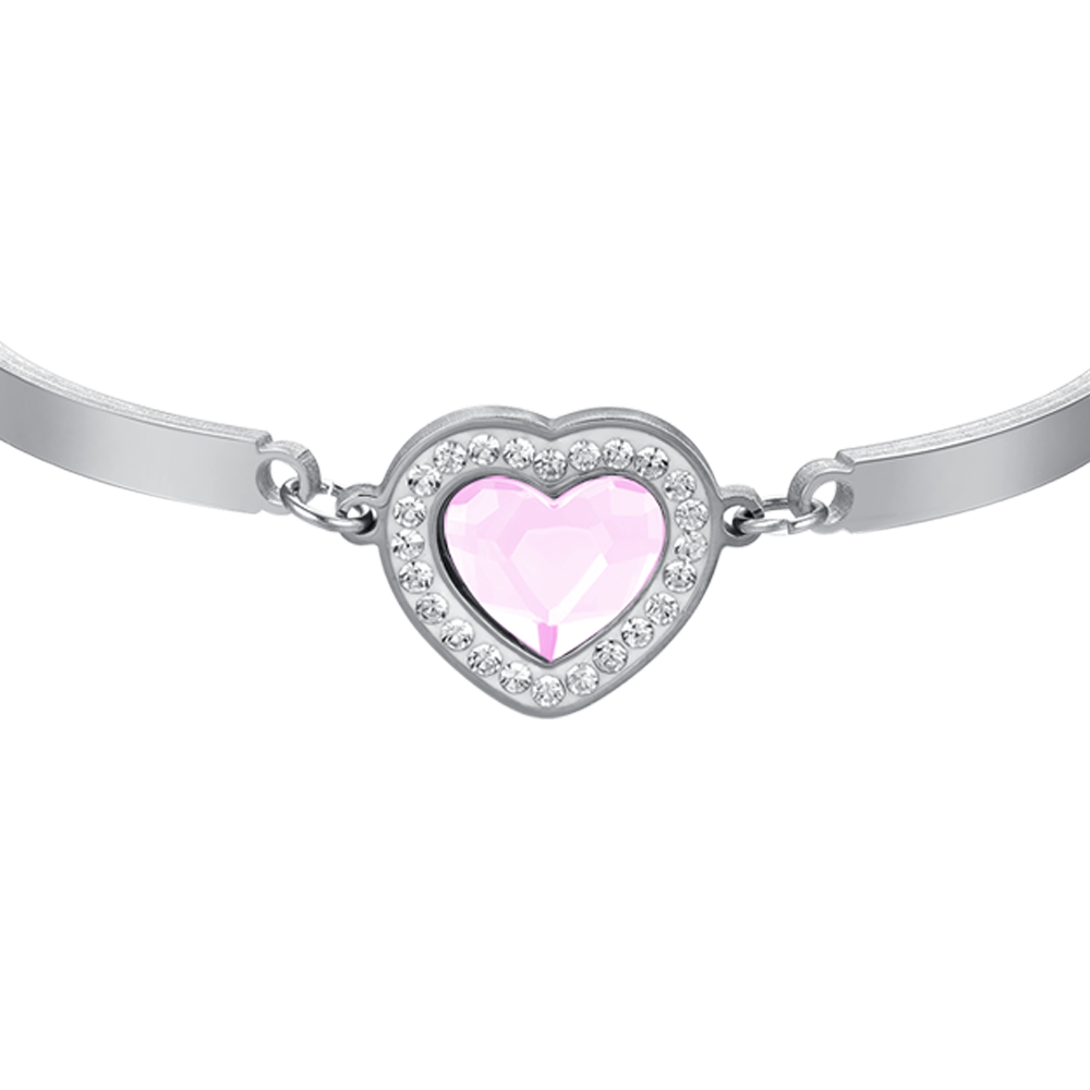 PINK CRYSTAL HEART STEEL WOMEN'S BRACELET WITH WHITE CRYSTALS