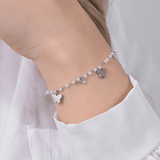 BRACCIALE DONNA IN ACCIAIO PERLE CON FARFALLE Luca Barra