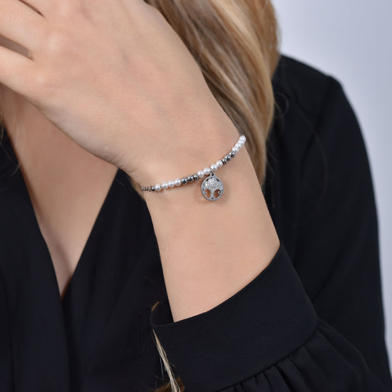 BRACCIALE DONNA IN ACCIAIO CON PERLE SINTETICHE E ALBERO DELLA VITA