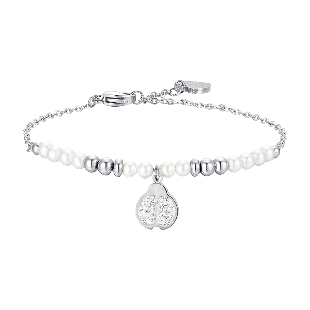 BRACCIALE DONNA IN ACCIAIO CON PERLE SINTETICHE E COCCINELLA