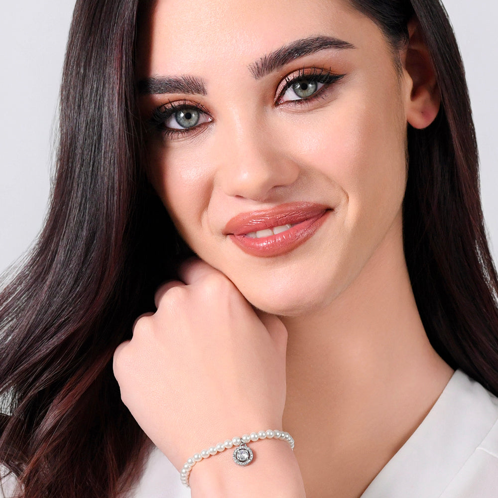 BRACCIALE DONNA IN ACCIAIO PERLE SINTETICHE E ZIRCONE BIANCO