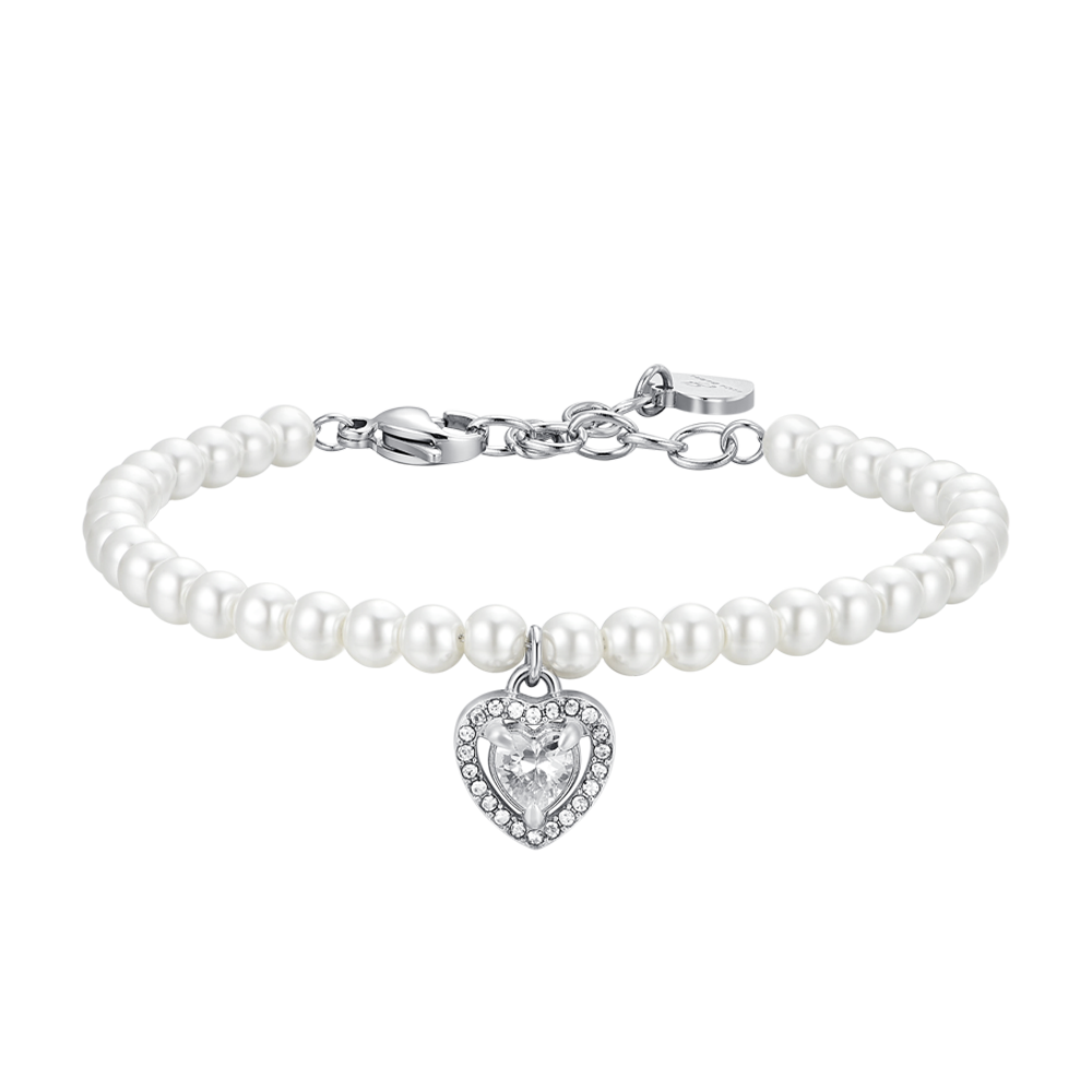 BRACCIALE DONNA IN ACCIAIO PERLE E CUORE ZIRCONE BIANCO Luca Barra