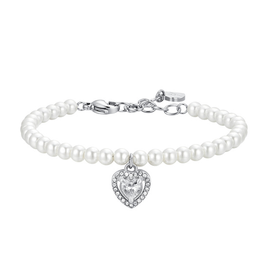 BRACCIALE DONNA IN ACCIAIO PERLE E CUORE ZIRCONE BIANCO Luca Barra