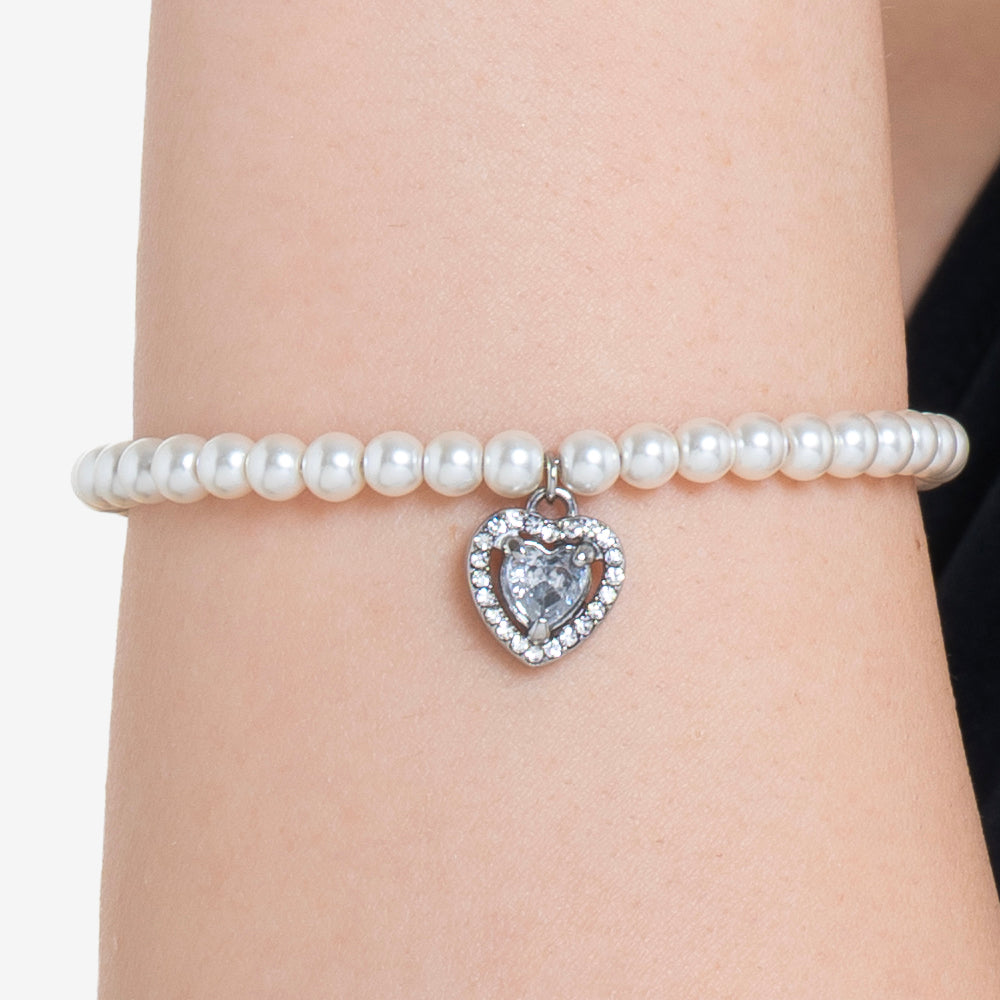 WOMEN'S STEEL PEARL AND WHITE ZIRCON HEART BRACELET