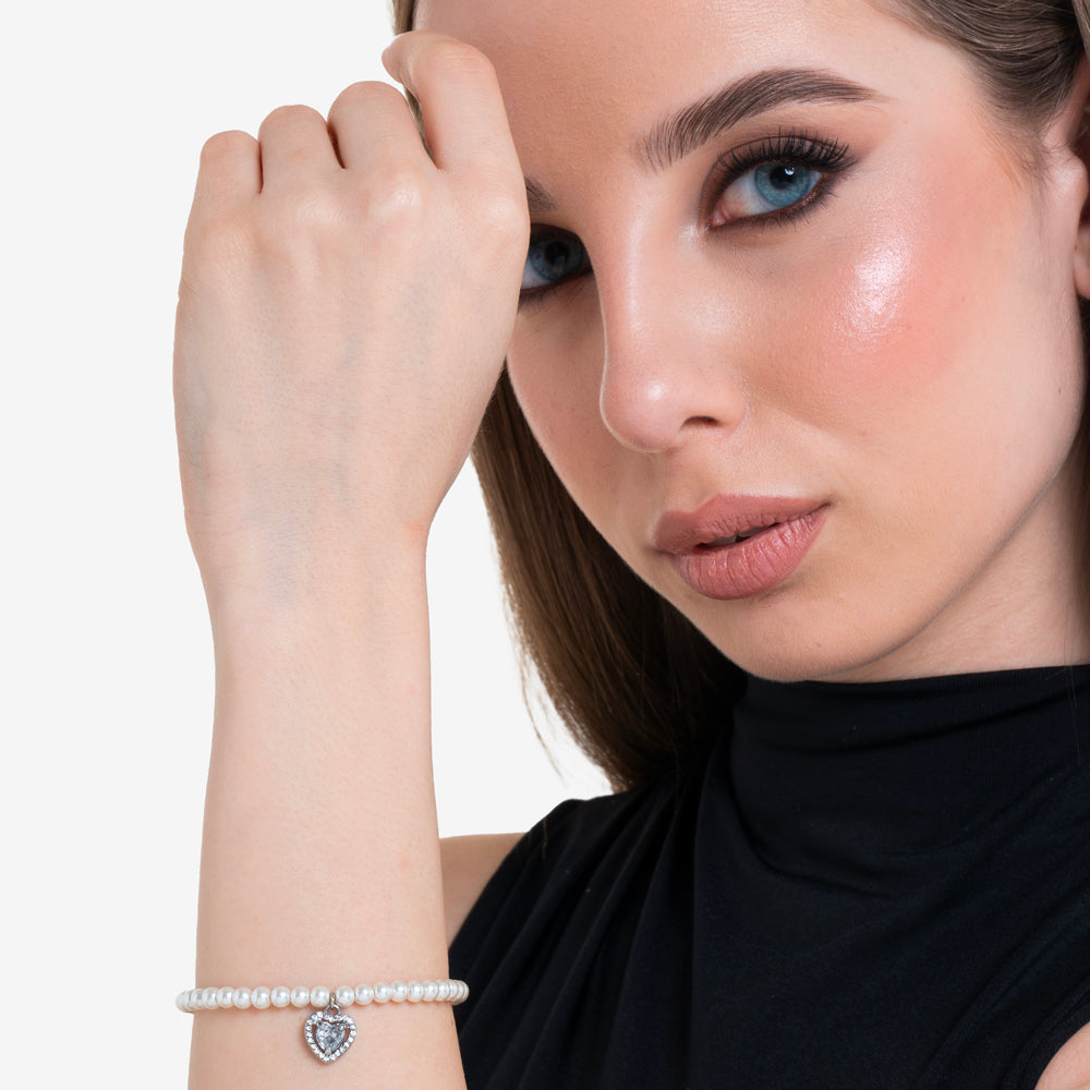 WOMEN'S STEEL PEARL AND WHITE ZIRCON HEART BRACELET