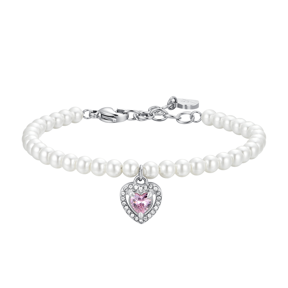 BRACCIALE DONNA IN ACCIAIO PERLE E CUORE ZIRCONE ROSA Luca Barra