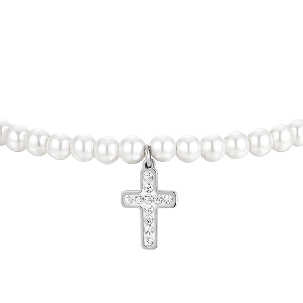 STEEL PEARLS AND CROSS WOMEN'S BRACELET