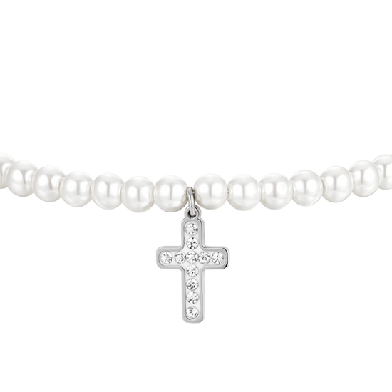 STEEL PEARLS AND CROSS WOMEN'S BRACELET