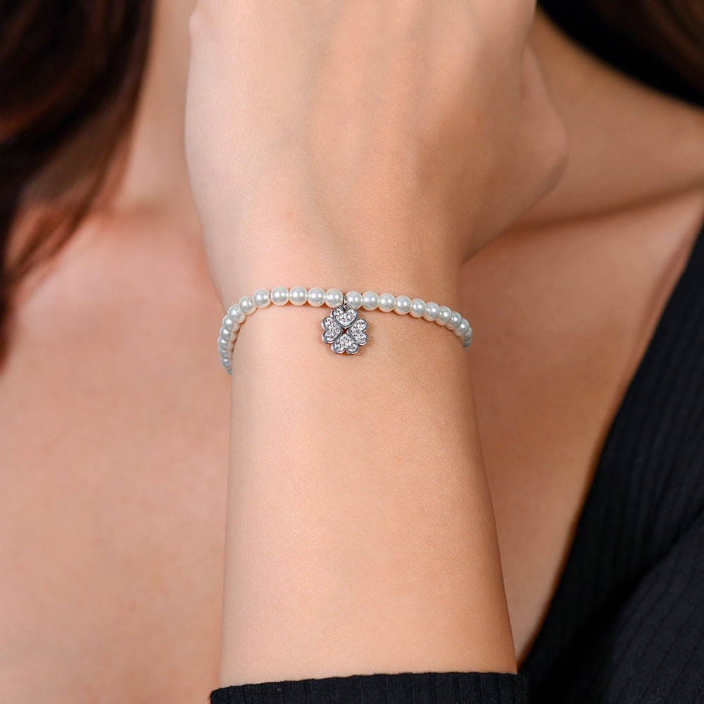 BRACCIALE DONNA IN ACCIAIO PERLE SINTETICHE E QUADRIFOGLIO