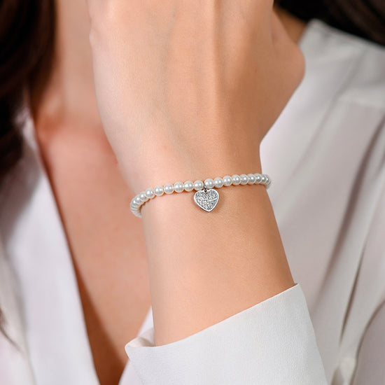 BRACCIALE DONNA IN ACCIAIO PERLE SINTETICHE E CUORE